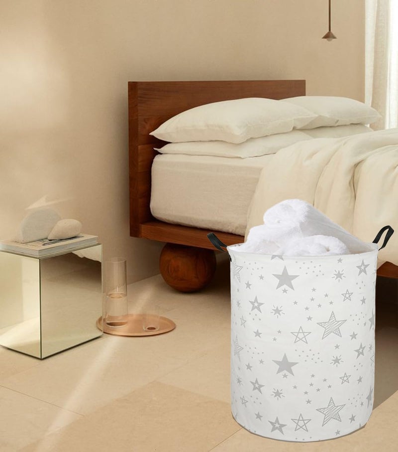 ACMUUNI 19.7 Inch Round Laundry Clothes Hamper Laundry Basket with Handles,Storage Organizer Bins Laundry Gift Basket for Room, Bedroom Decor (Grey Star) - Image 3
